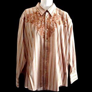 Empra Men's Shirt 2XL Striped Beige White Brown Embroidered